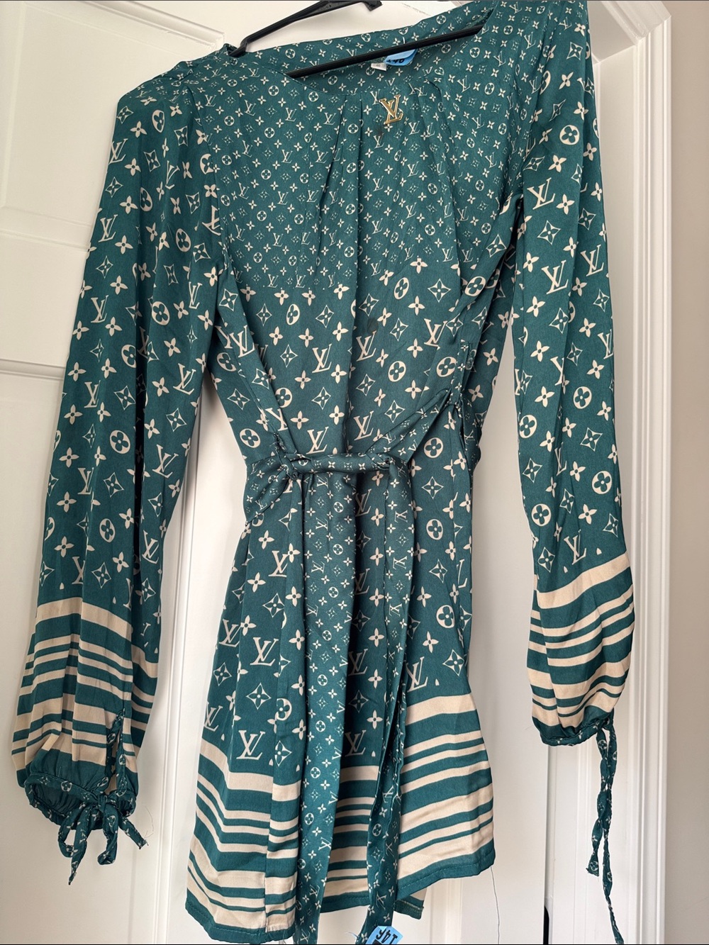Louis Vuitton Teal Monogram Long Sleeve Wrap Dress with Ivory Stripes